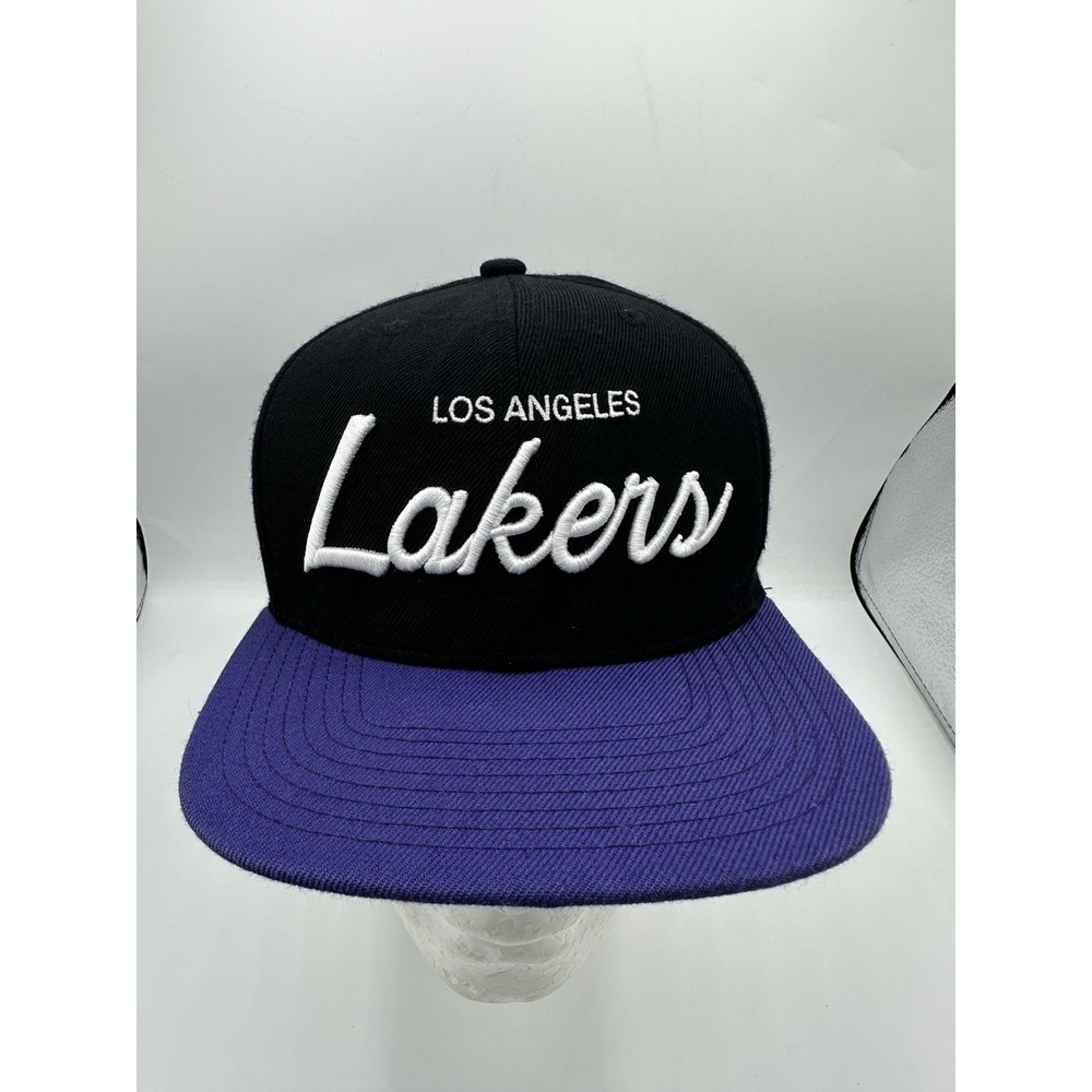 Mitchell & Ness LA Lakers Script Snapback Hat Black Purple Green Underbrim
